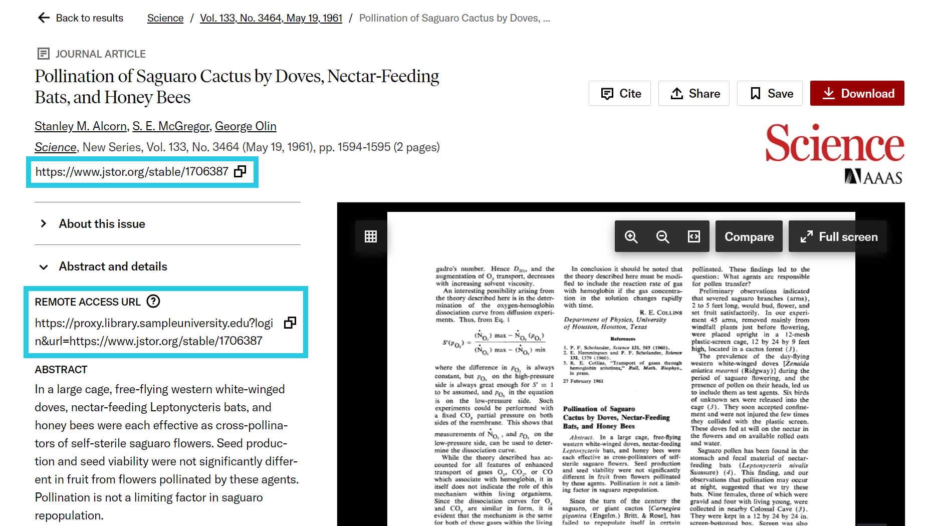 Stable URL and remote access URL locations on a journal article page