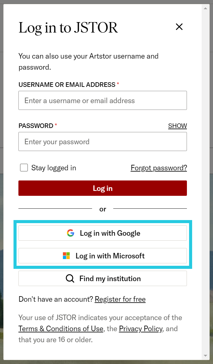 JSTOR login modal showing Log in with Google and Log in with Microsoft buttons