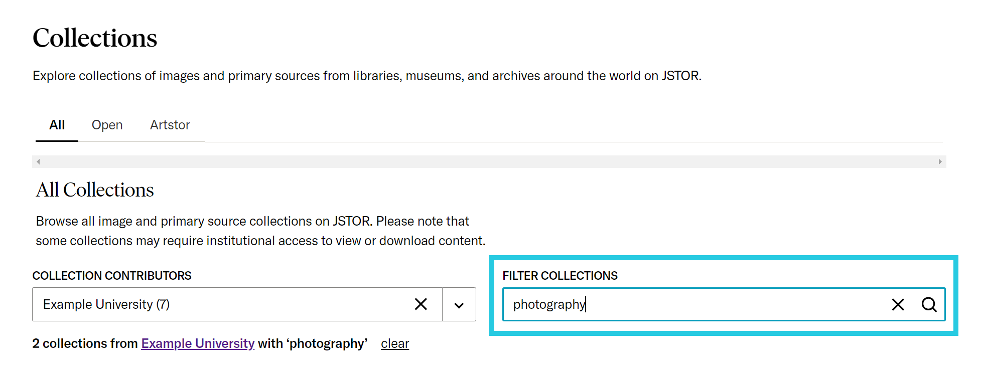 Viewing collections from a specific collection contributor filtered by a term