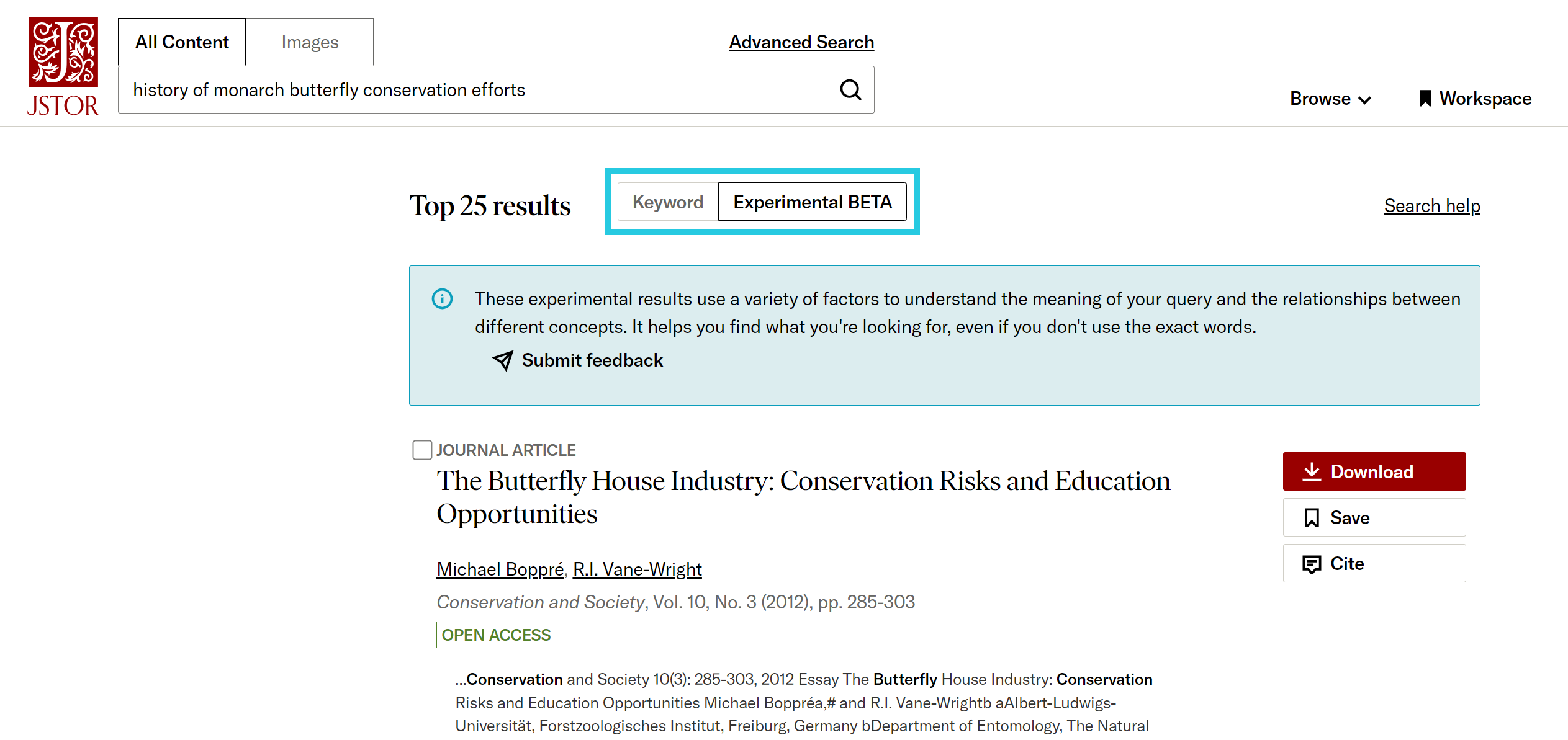 Experimental search beta toggle on JSTOR search results page