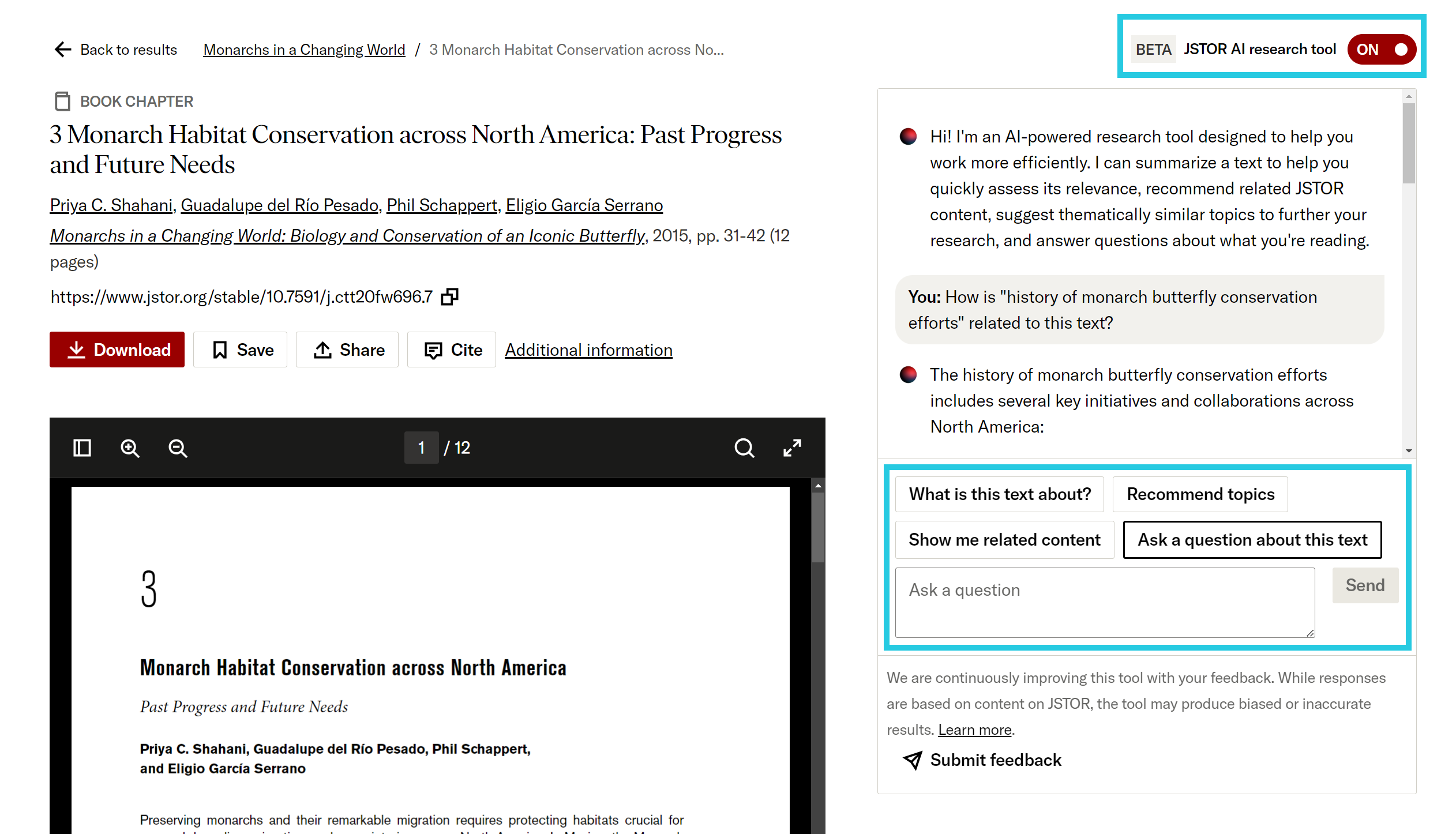 On/Off toggle and prompt buttons for interactive research tool on an item page