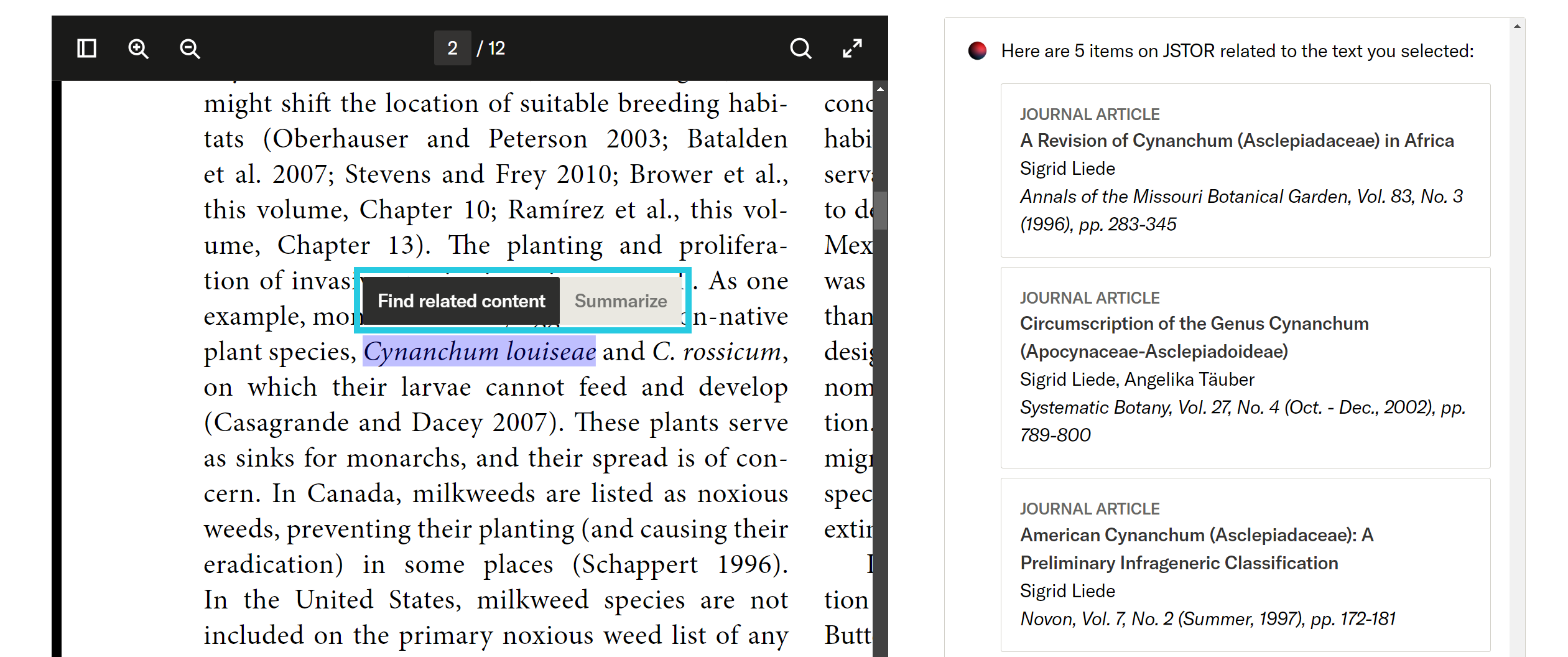 Find related content and Summarize options when highlighting text in document viewer