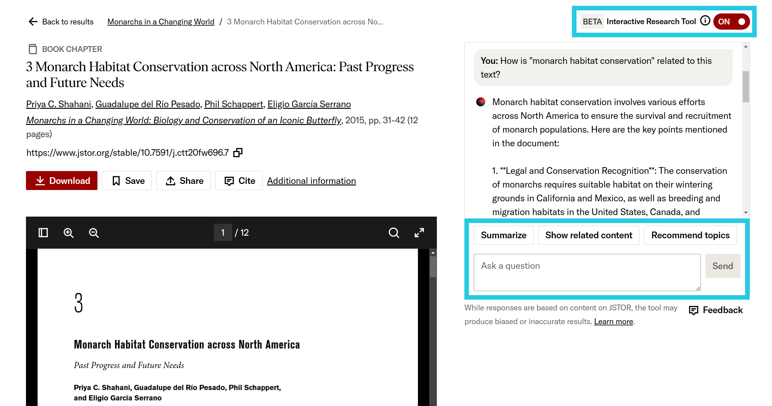 On/Off toggle and prompt buttons for interactive research tool on an item page