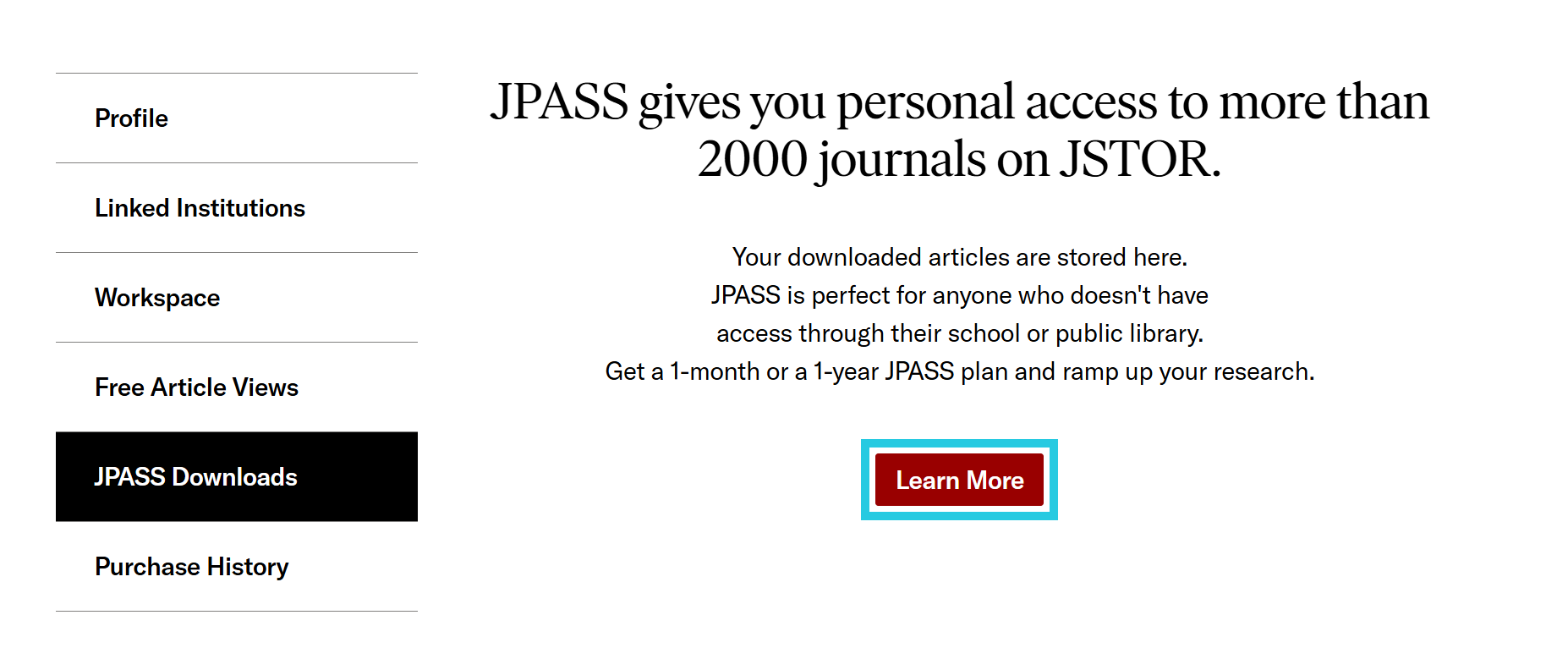 Learn more button in JPASS Downloads screen in account