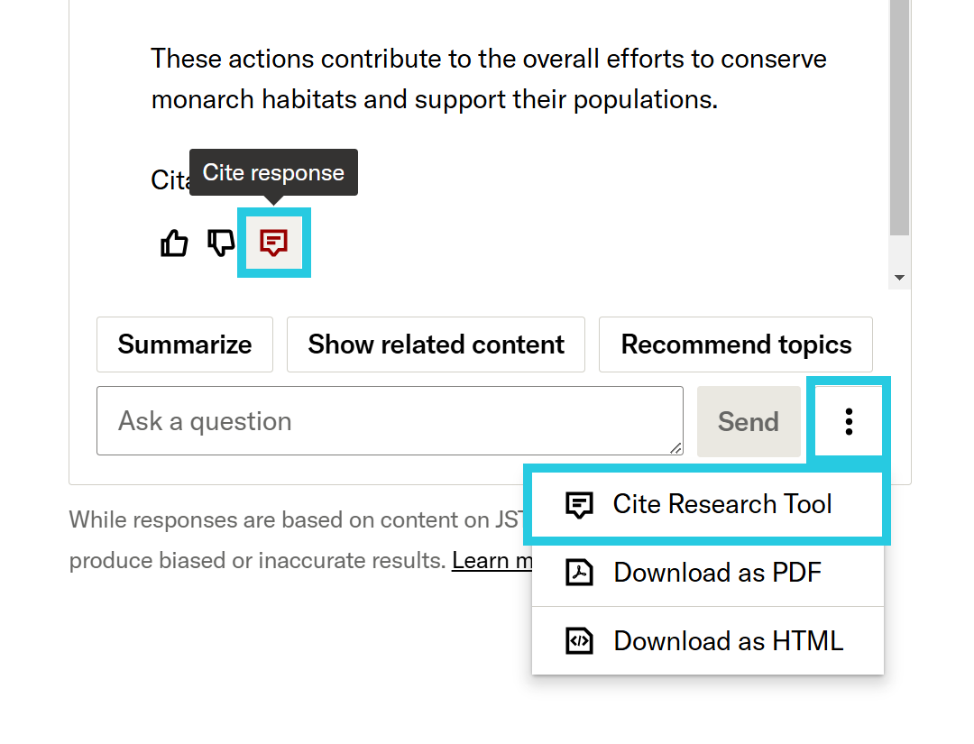 Cite research tool button after response and option in overflow dropdown menu