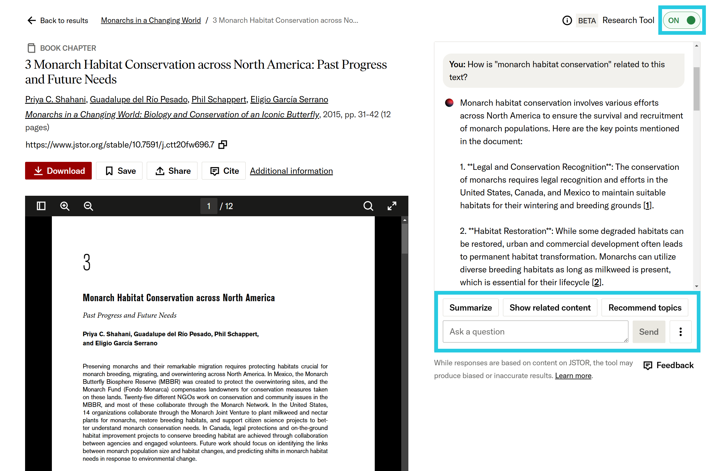 On/Off toggle and prompt buttons for interactive research tool on an item page