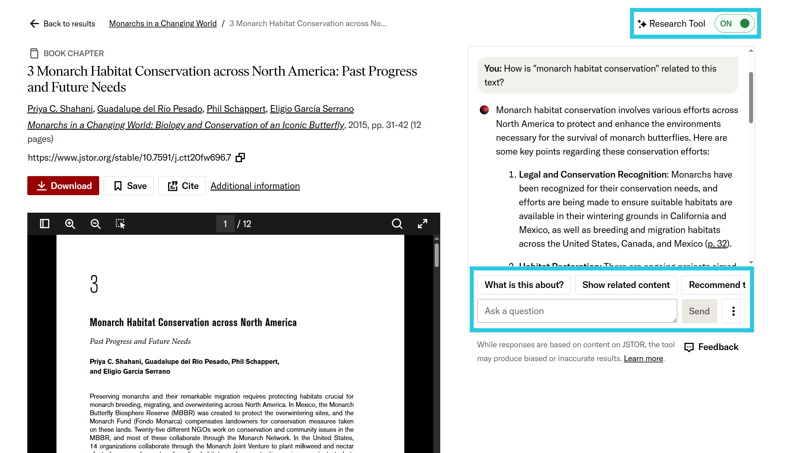 On/Off toggle and prompt buttons for AI research tool on an item page