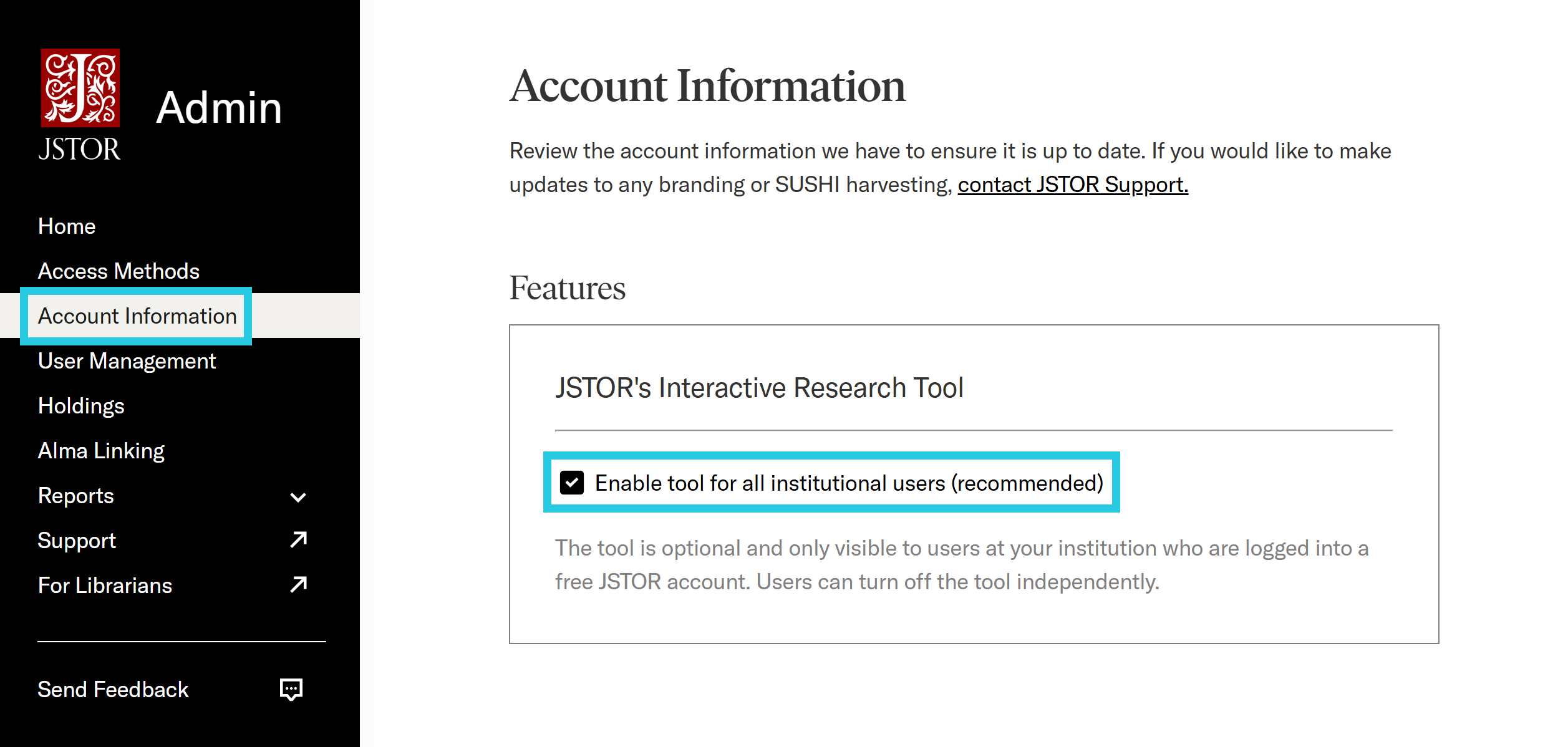 Institutional access toggle for the research tool in JSTOR Admin