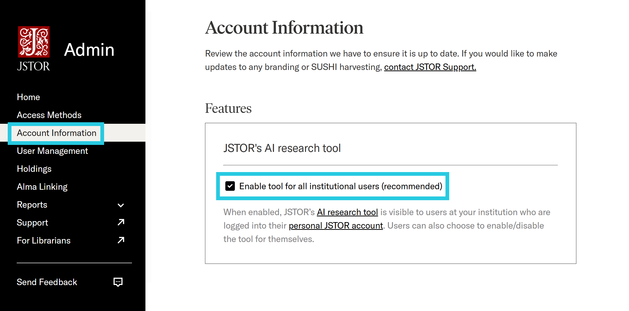 Institutional access toggle for the research tool in JSTOR Admin