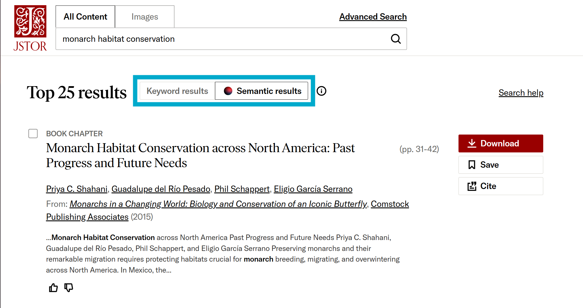 Keyword and Semantic results toggle on the JSTOR search results page