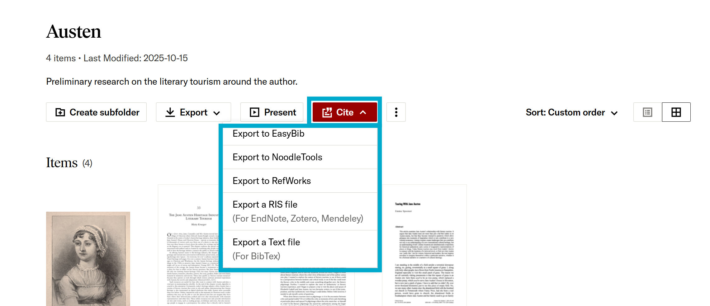 Cite dropdown menu in Workspace folder
