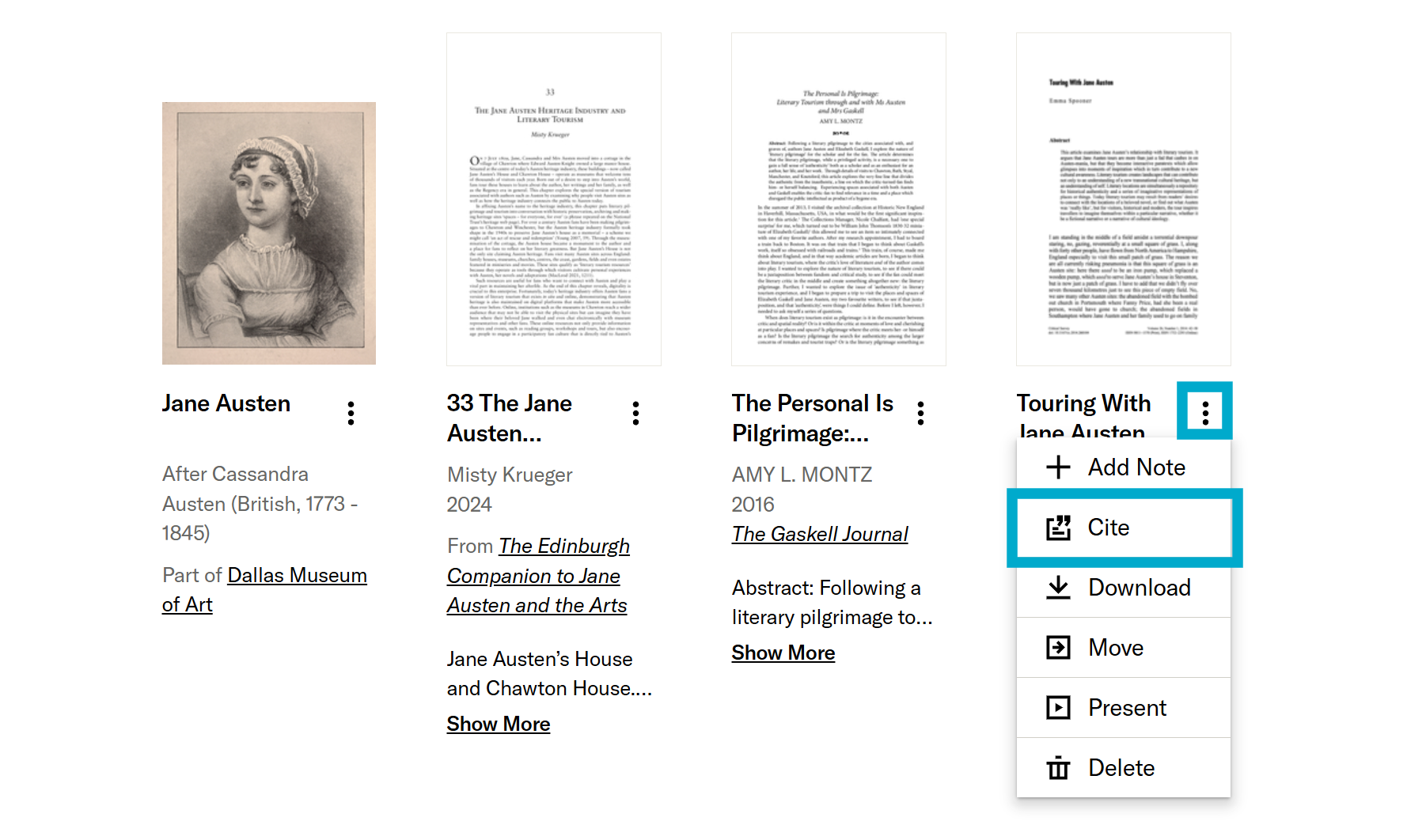 Cite option in More options menu for an item in Workspace