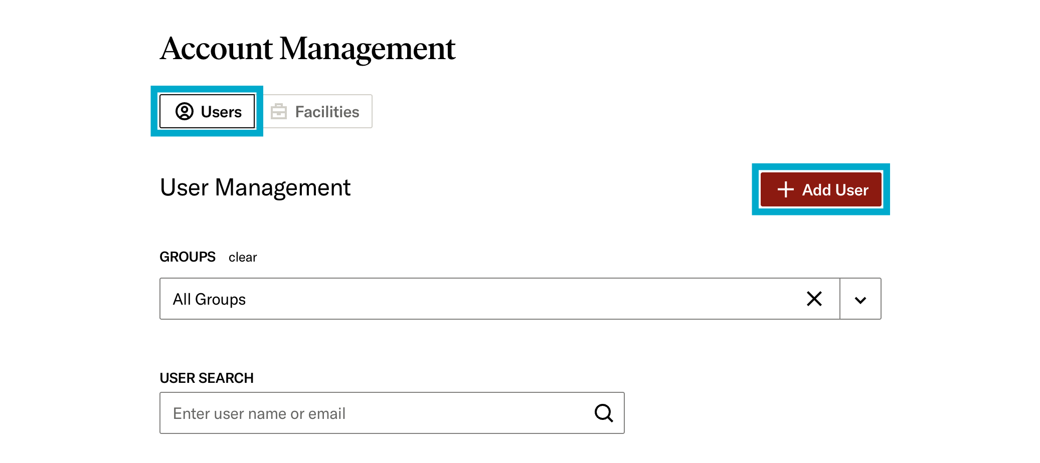 Add User button in Account Management