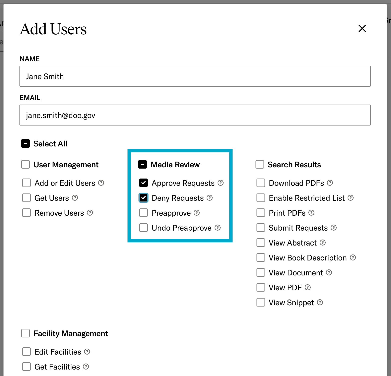 Suggested permissions for an approve-deny reviewer user