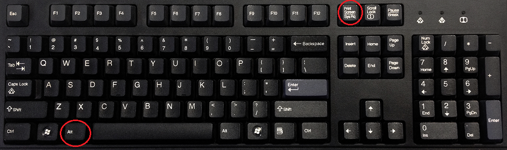 keyboard with alt key and print screen key circled
