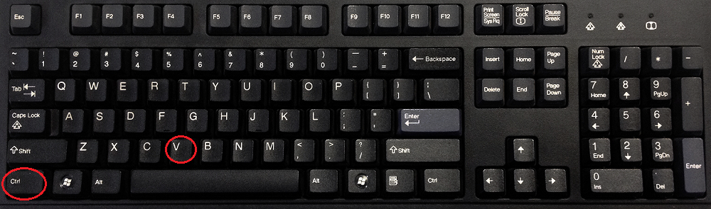 keyboard with Ctrl key and the letter V key circled