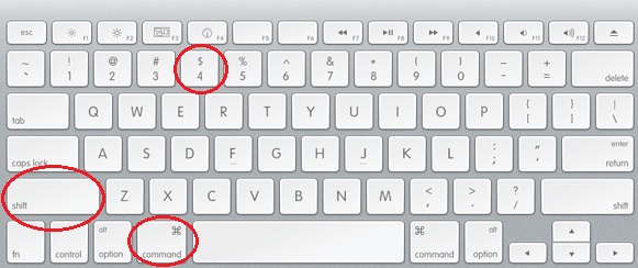 Mac keyboard with Command key, Shift key, and number 4 key circled.