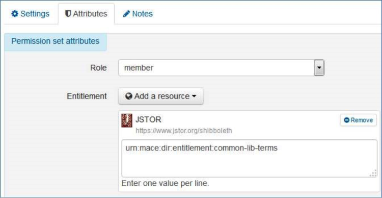 Atributes tab with Permission set attributes showing role: member, entitlement: JSTOR: urn:mace:dir:entitlement:common-lib-terms