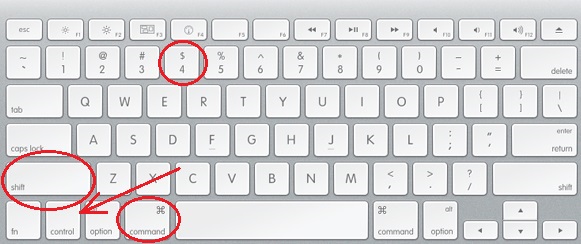 Mac keyboard with Command key, Shift key, and number 4 key circled, an arrow is pointing to control key.