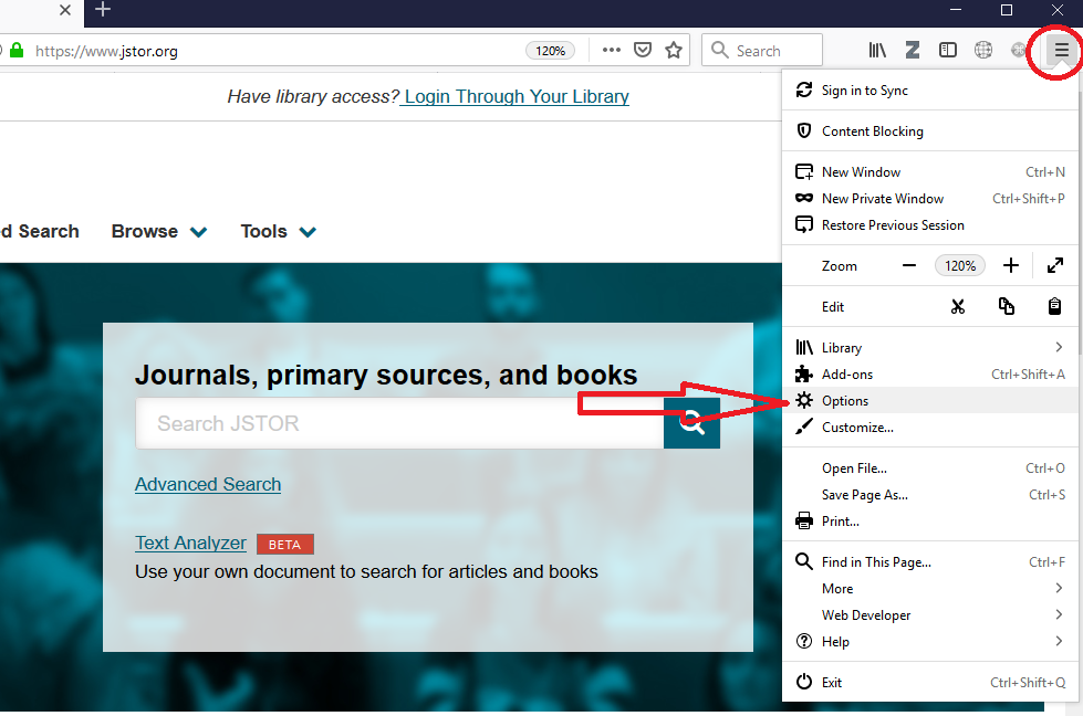 Firefox browser menu on PC