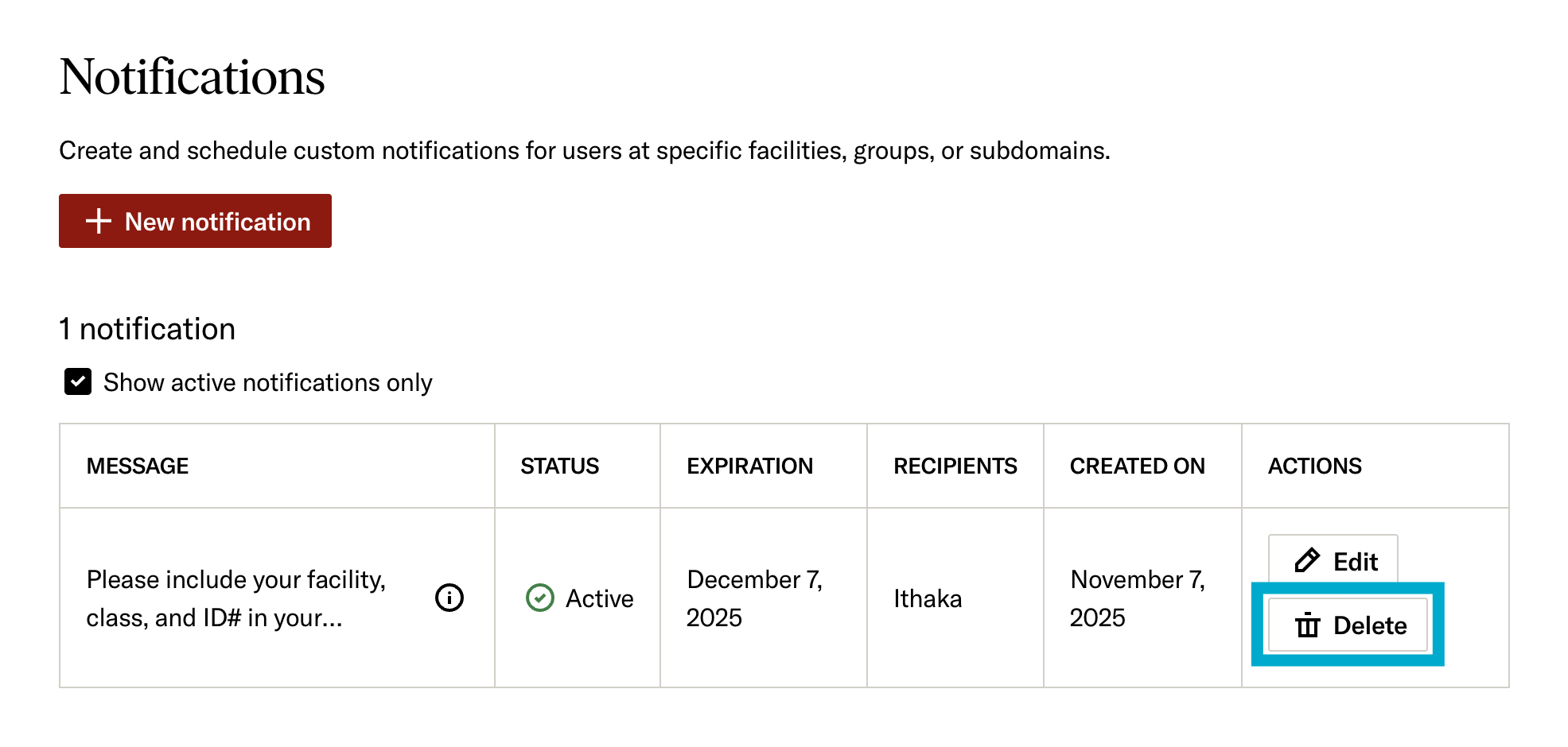 Delete button in the Notifications table