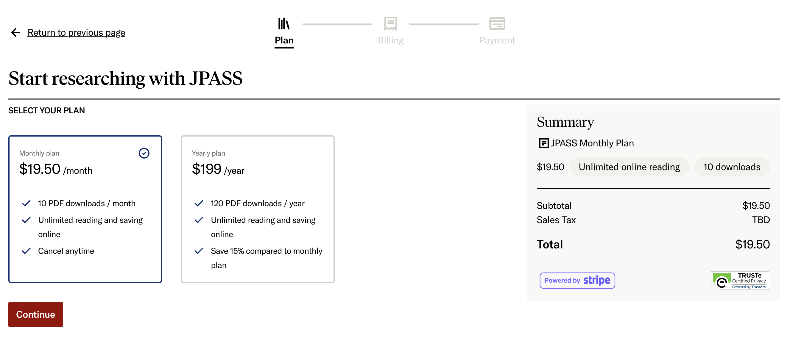 Subscribing to JPASS plan selection step
