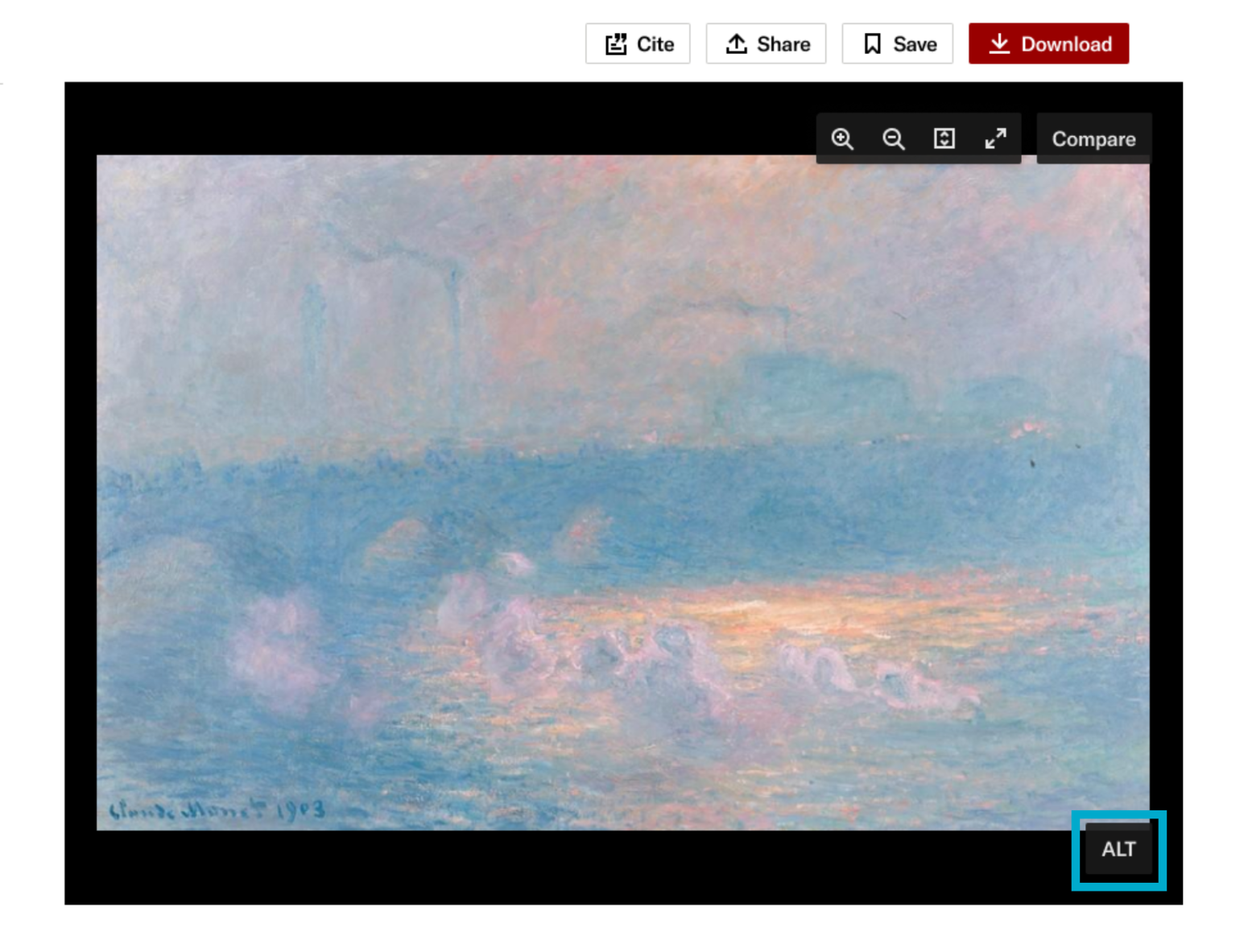 Request alternative text (ALT) button in the JSTOR image viewer