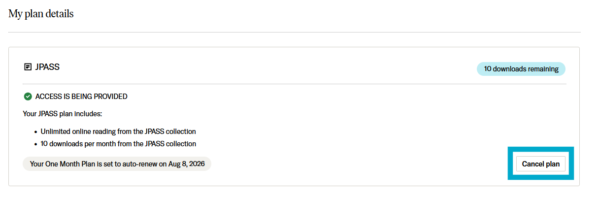 Cancel plan button in the My Account area