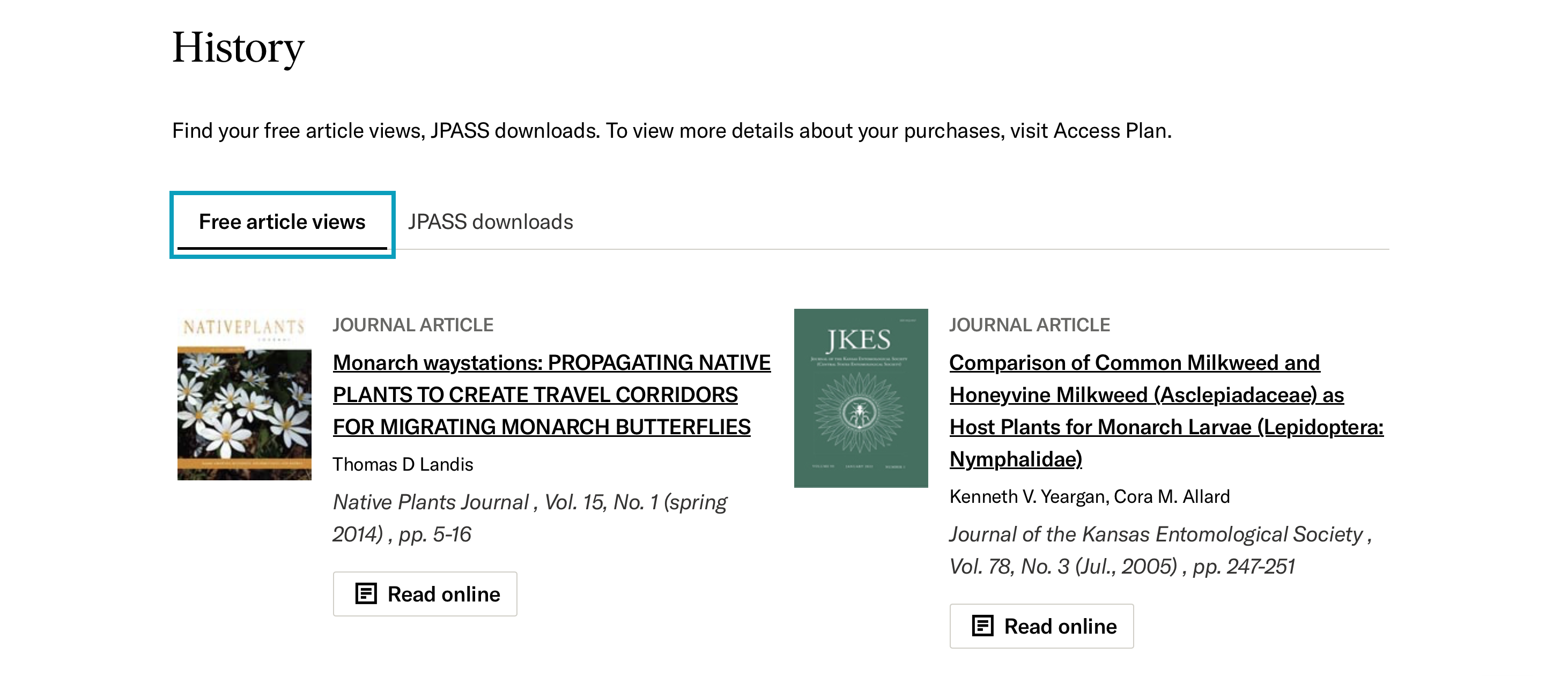 Free article views tab on the account History page