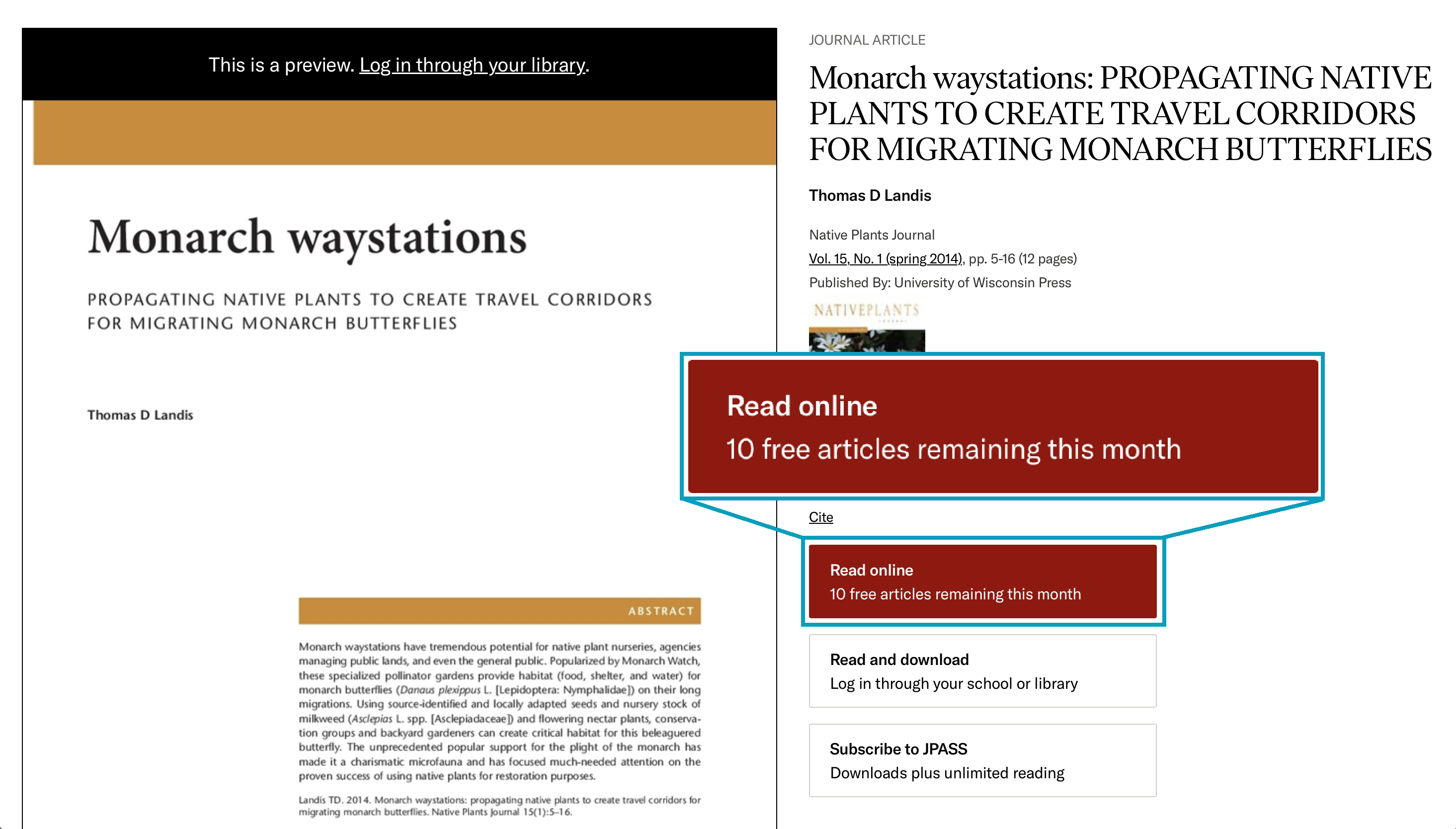 Read online option with remaining free articles count on an article page