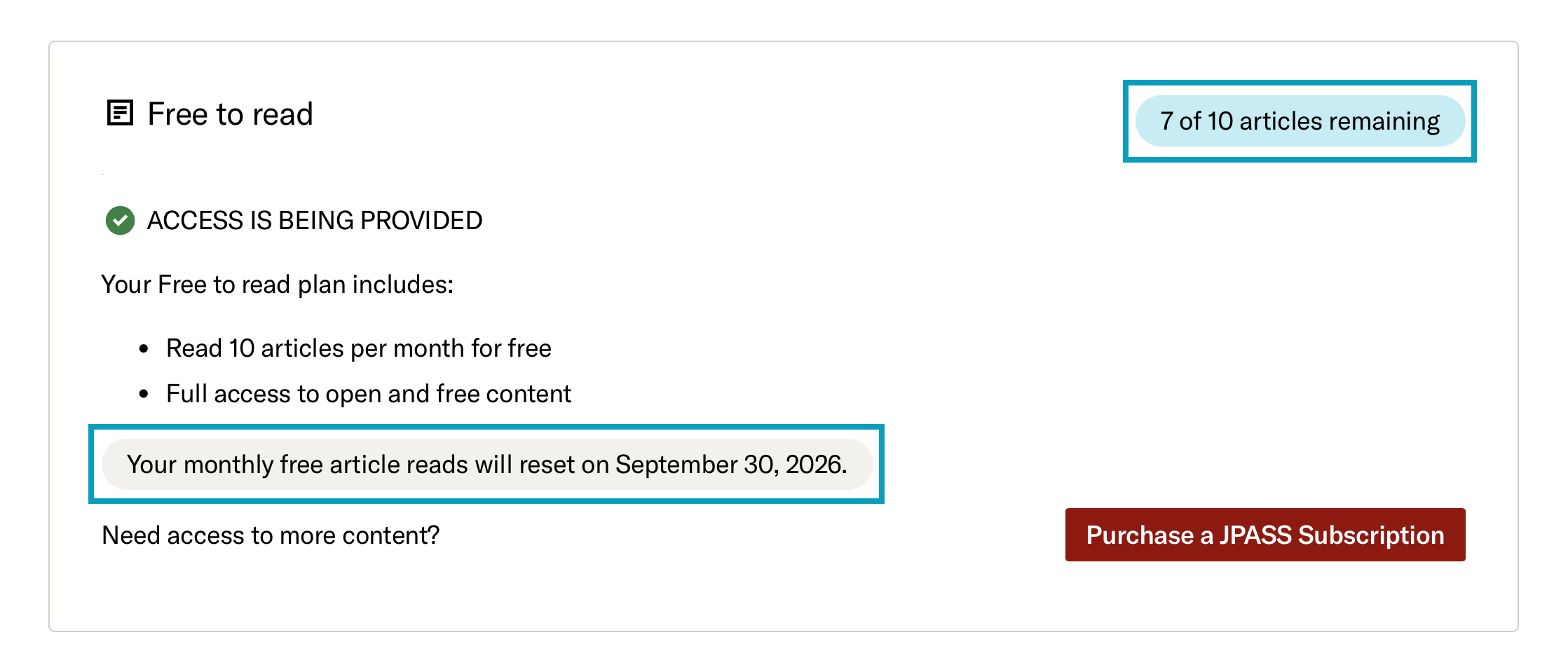 Remaining free article count and reading period reset date under Access Plan details