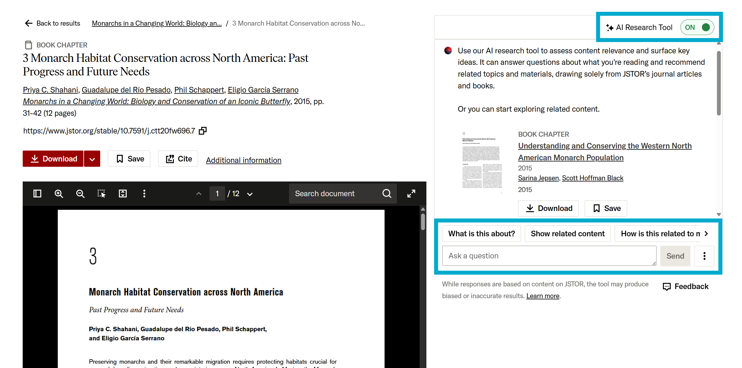 On/Off toggle and prompt buttons for the AI research tool on an item page on JSTOR