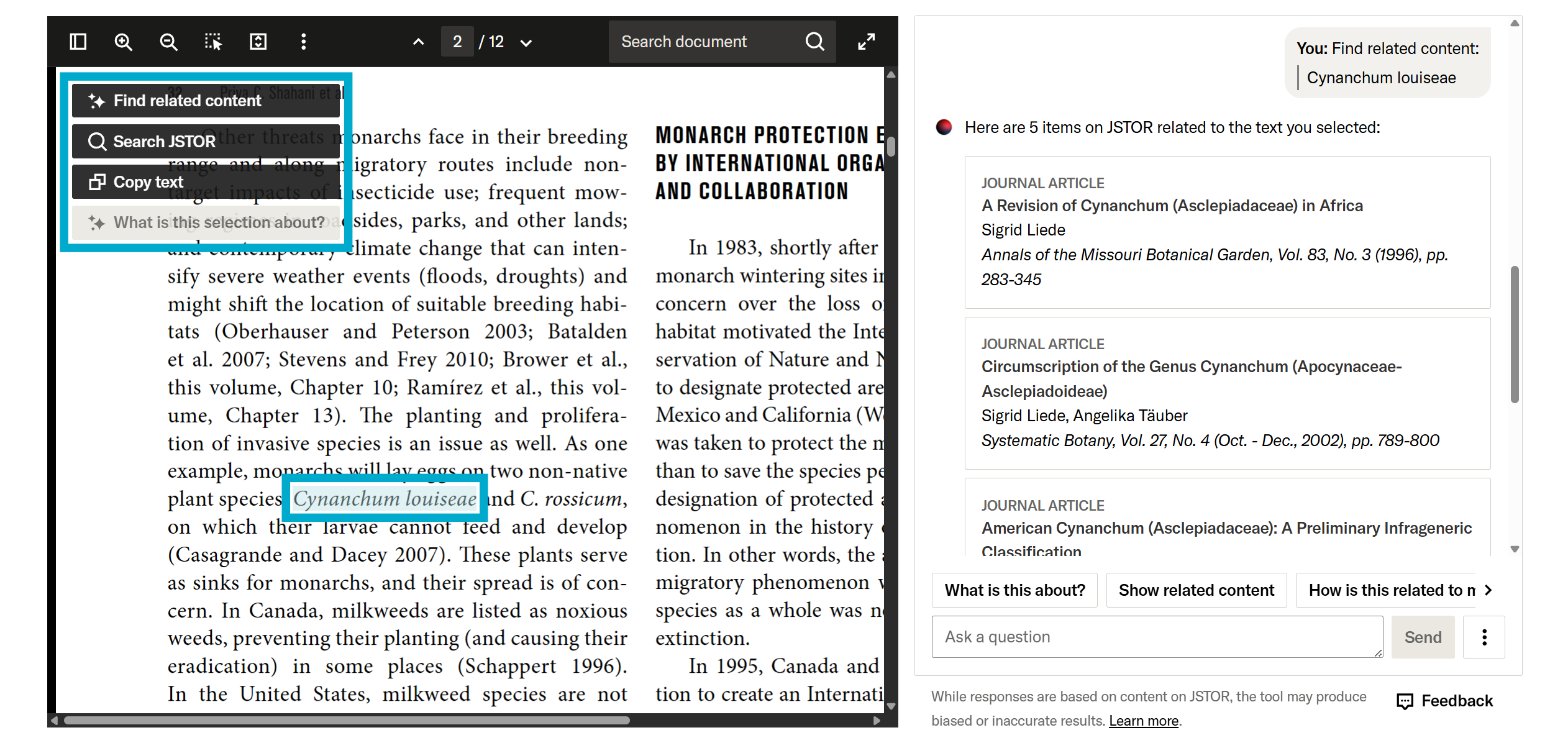 Find related content, Search JSTOR, and What is this selection about? options when highlighting text in the document viewer on JSTOR