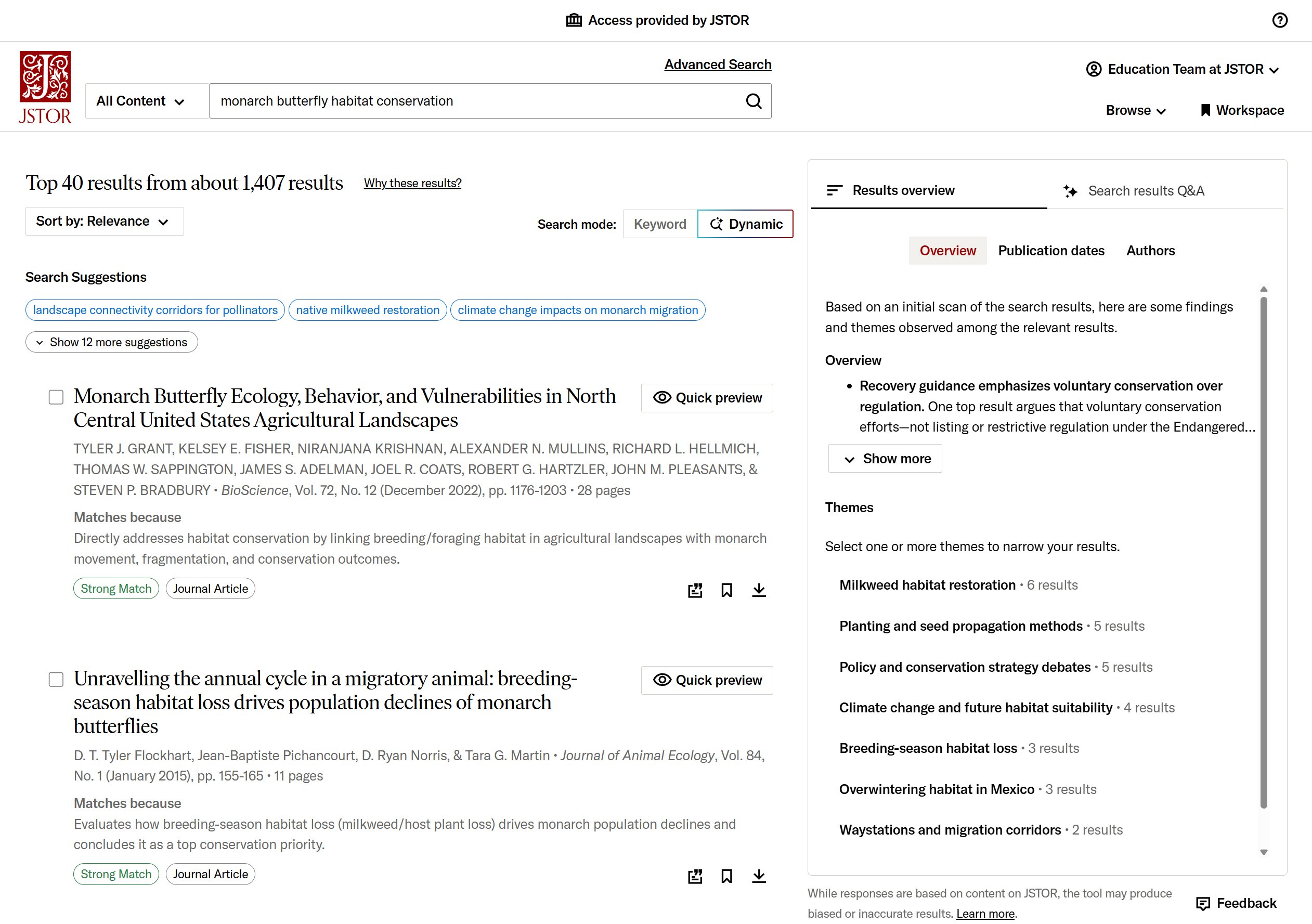 Dynamic search results page with results overview panel and results Q&A features