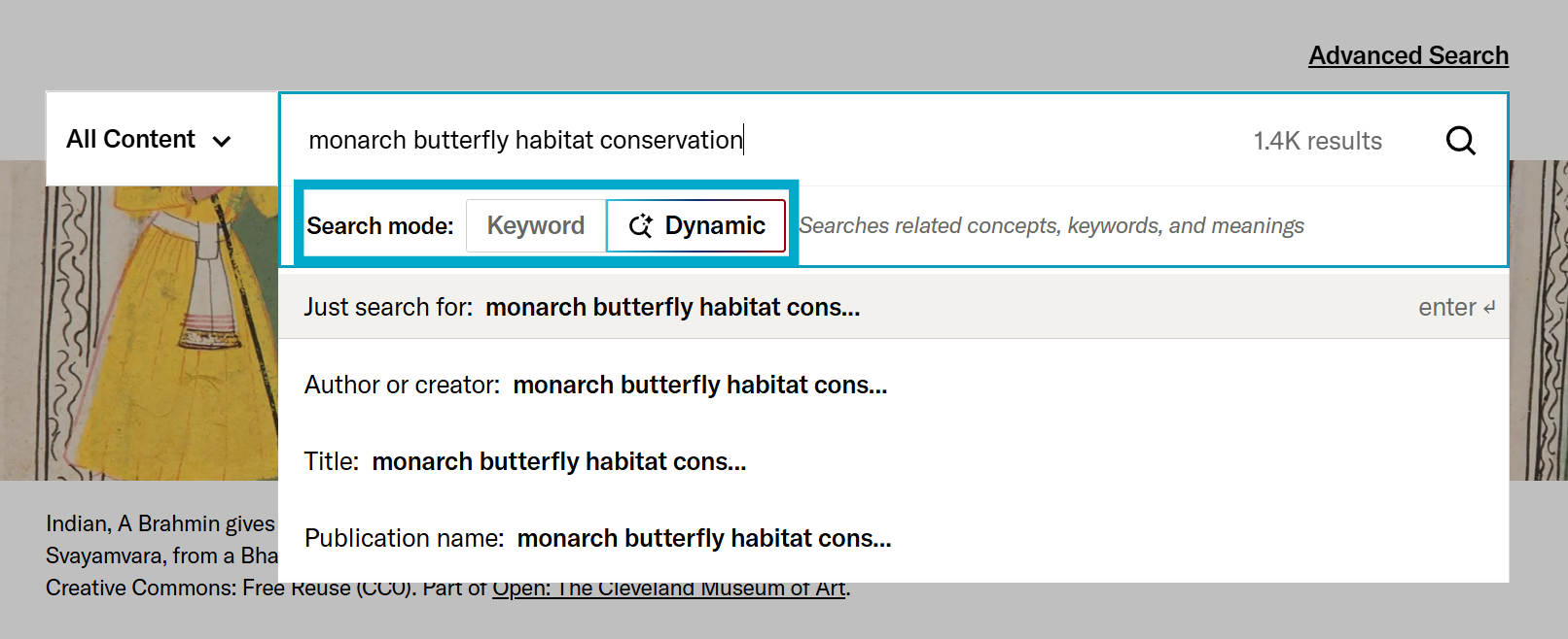 Keyword and dynamic search mode toggle in the JSTOR search bar