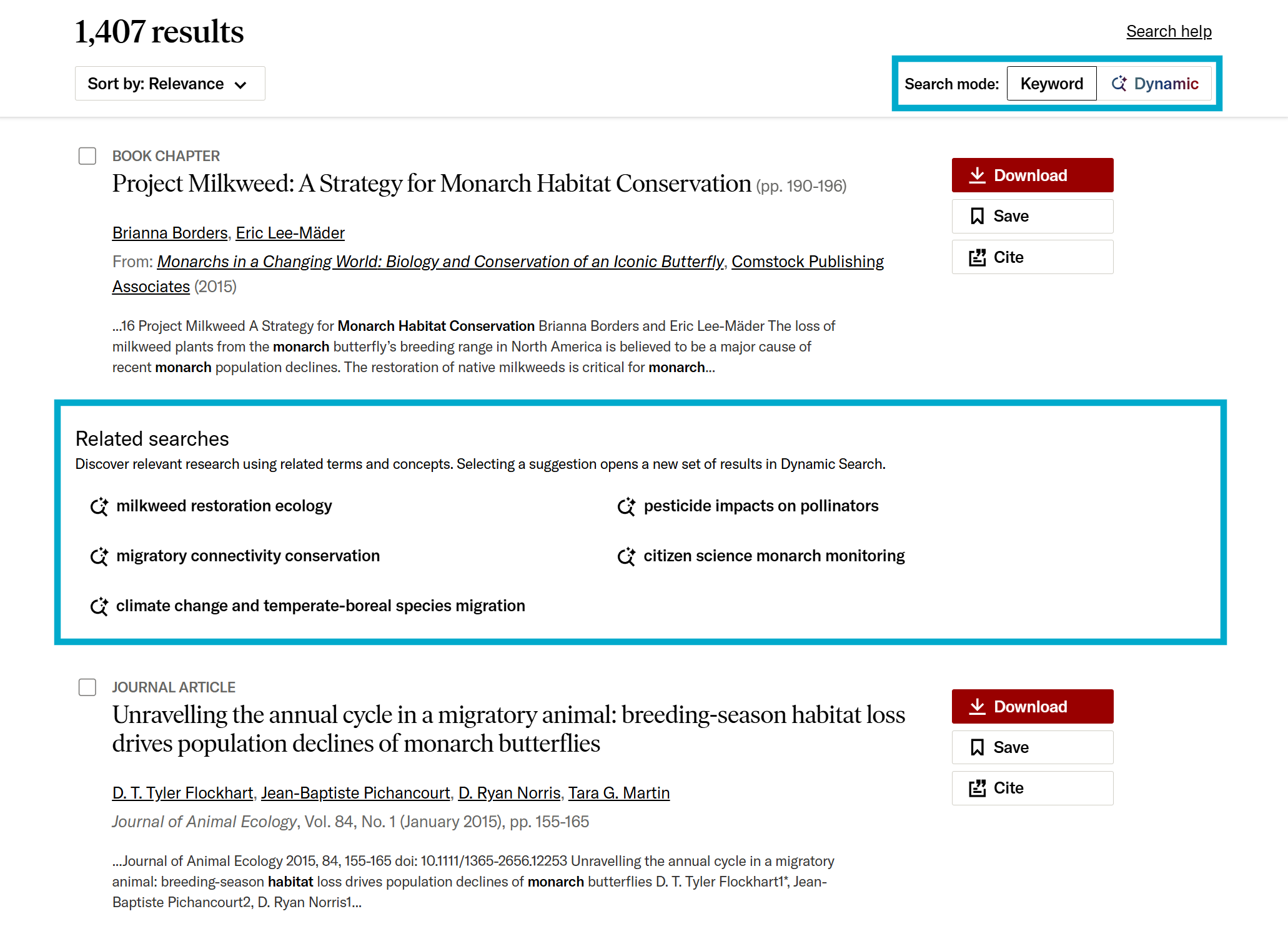 Search mode toggles and related dynamic searches on the search results page