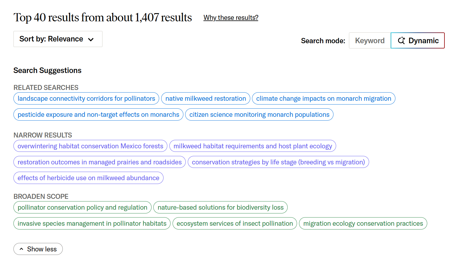 Suggested searches for related searches, narrower scope, and broader scope