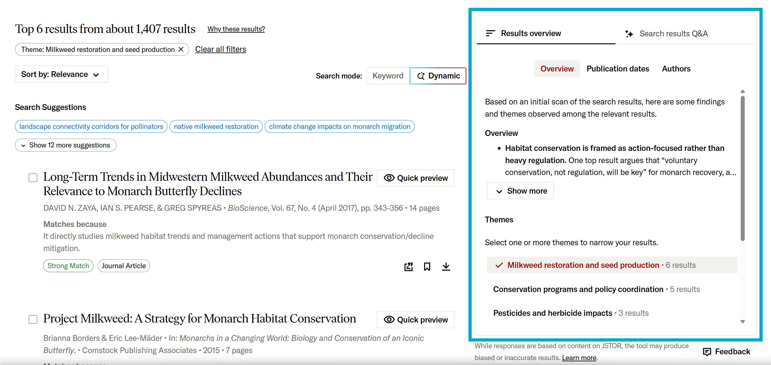 Results overview panel on the dynamic search results page