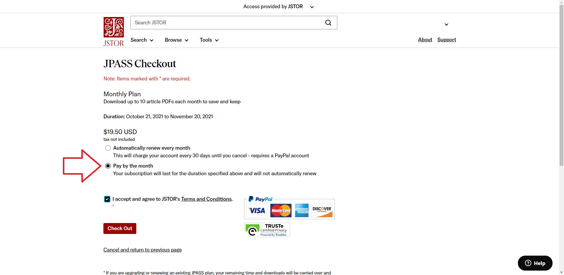 example of JPASS checkout screen