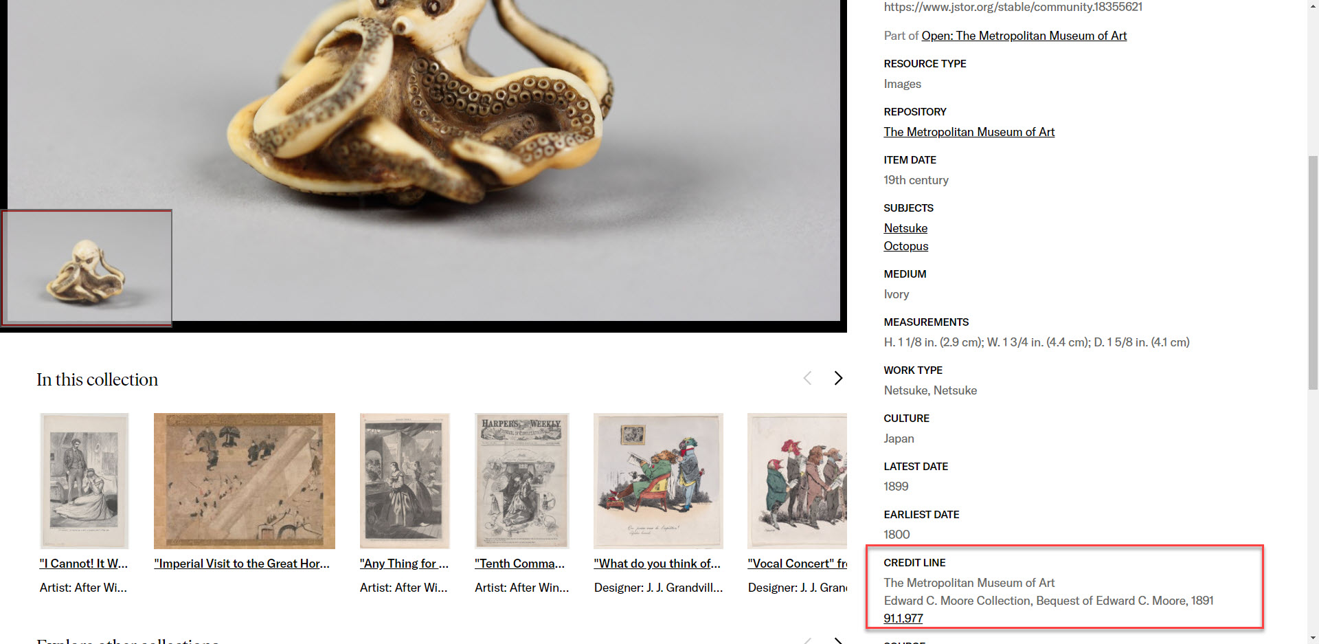 example of Artstor item with hyperlinked metadata in Credit Line field linking out to the Met Museum external website 