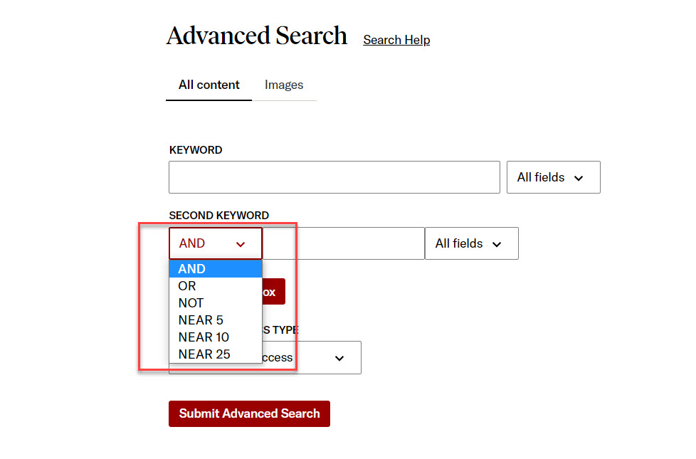 screenshot of Advanced Search menu with menu containing Boolean operator options AND, OR, NOT, and NEAR