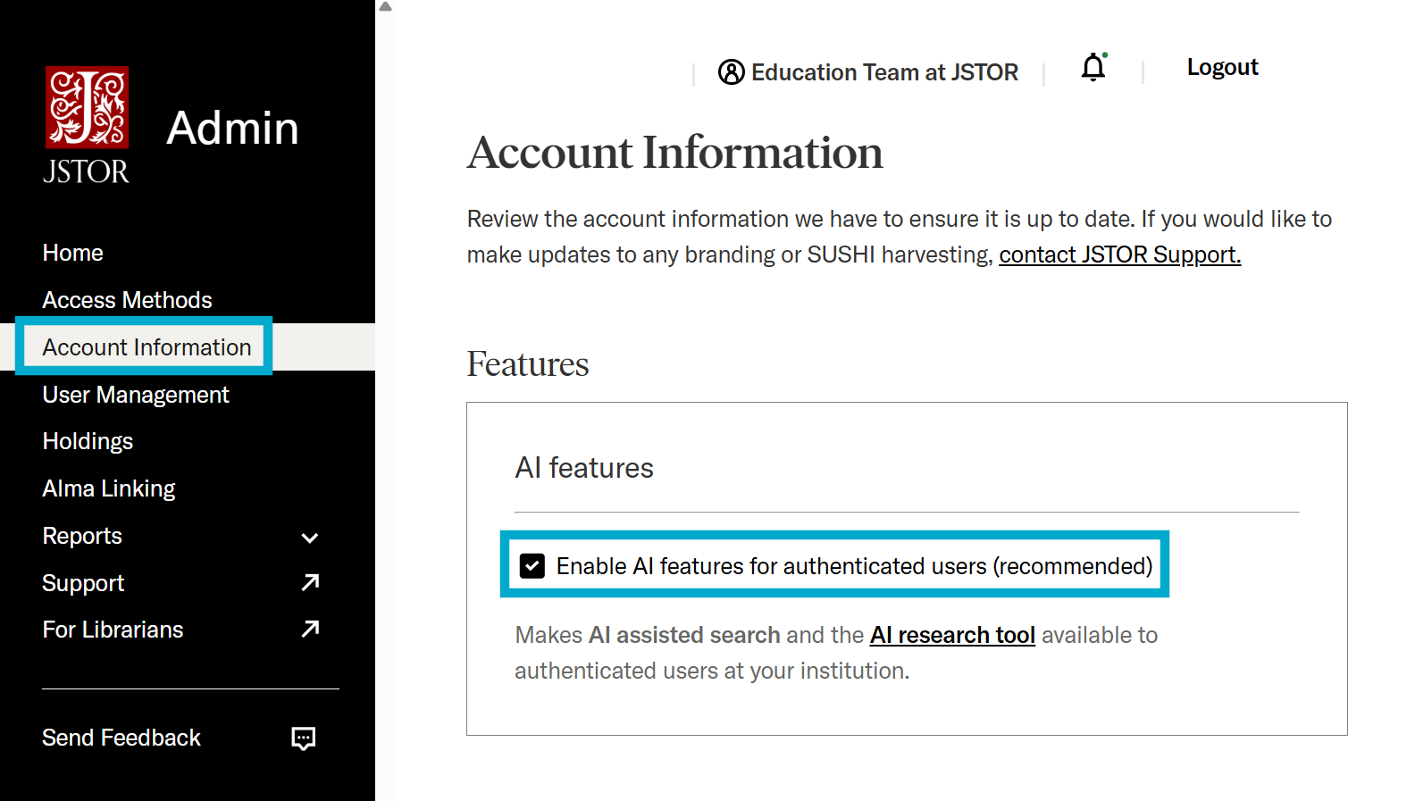 Institutional AI access setting on the Account Information page in JSTOR Admin