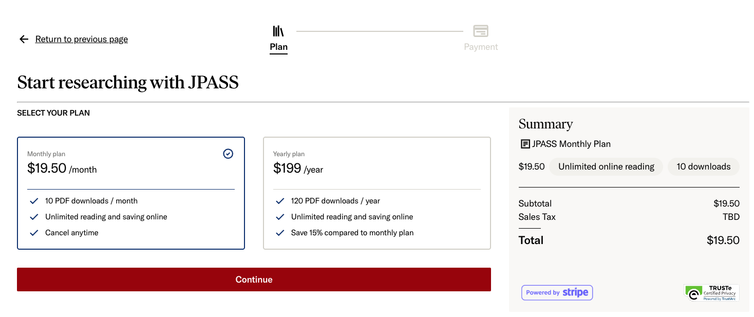 Plan selection step during JPASS checkout