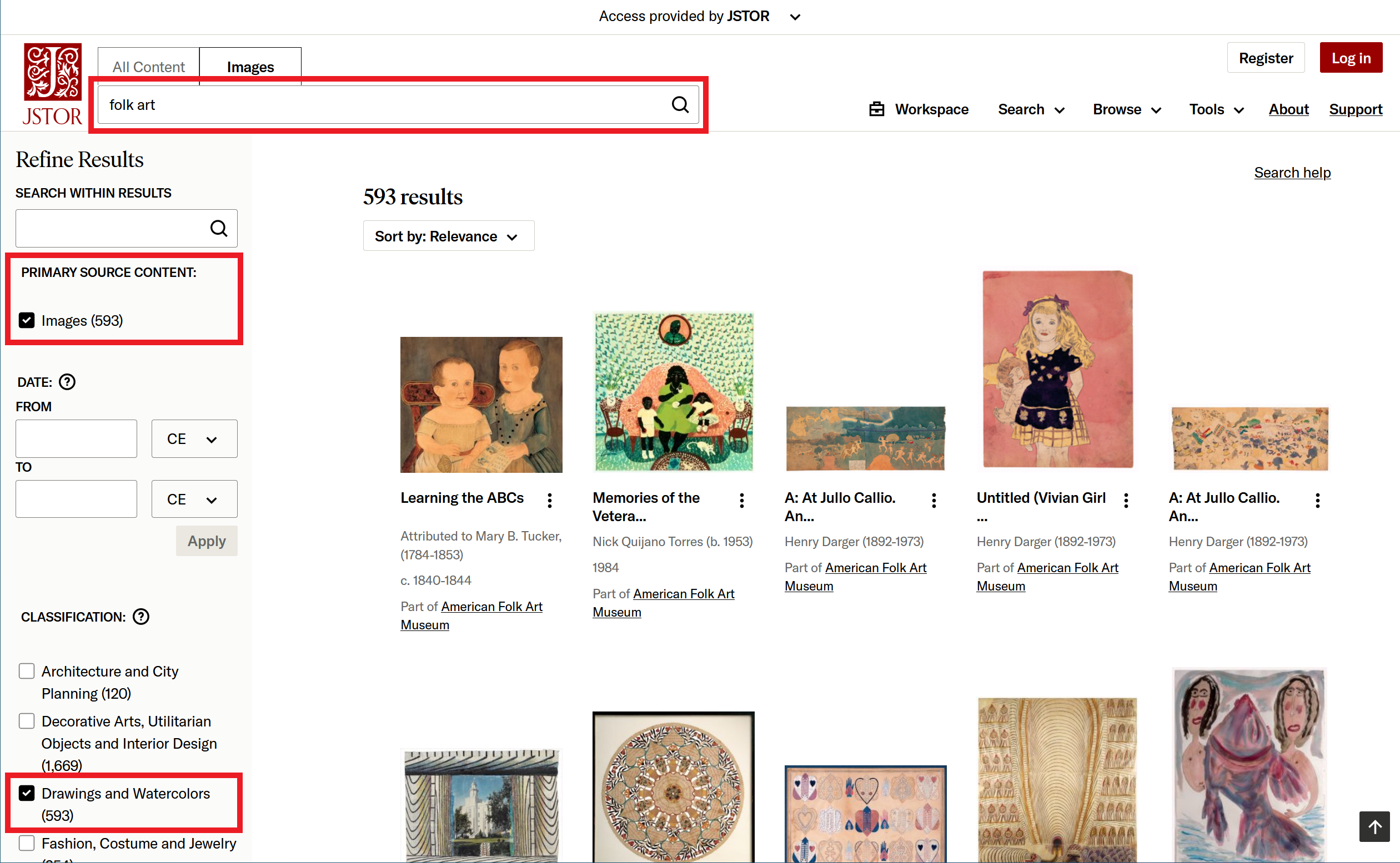 Example of image results for folk art filtered by classification of drawings and watercolors