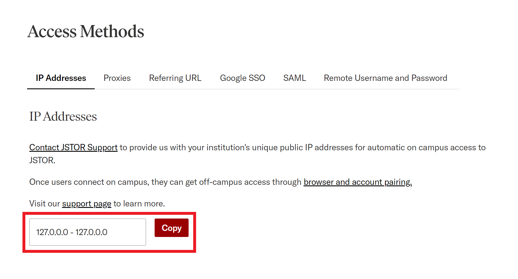 Copy IP addresses button on the Access Methods page in JSTOR Admin