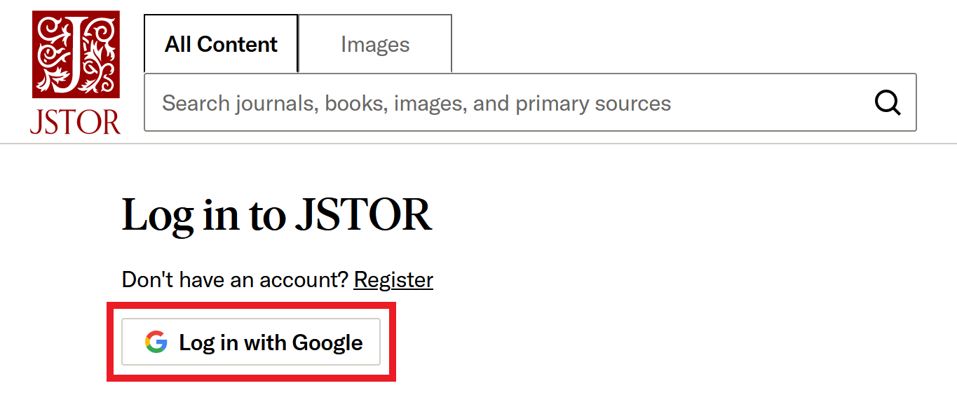 Login with Google button on the JSTOR login page