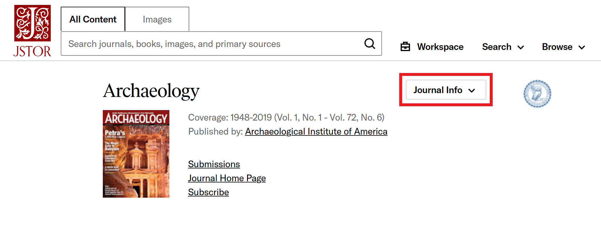 Journal Info button on a journal page